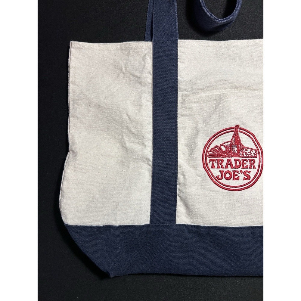 Trader Joe's Large Canvas Tote Bag Red White Blue Logo Classic Grocery Bag - Picture 3 of 9